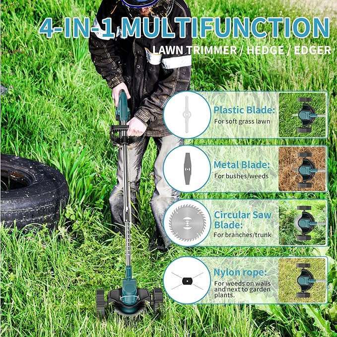 Cordless Weed Wacker Electric Weed Eater Battery Powered 6000mAh String Trimmer with Wheel, 22V Brush Cutter Cordless Grass Edger Cordless 47in Adjustable Grass Cutter Machine for Lawn Care